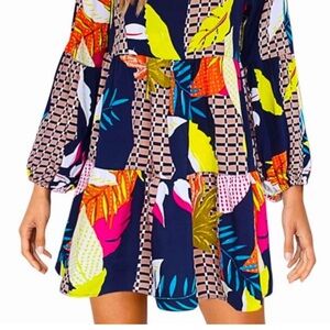 Hawaiian/ Tropical Pink and Blue A-line Resort Dress with Bishop Sleeves